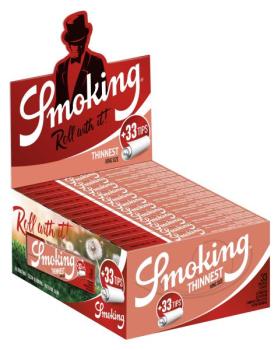 Preview: Smoking Thinnest King Size + Tips – ultradünne Longpapers 108×44 mm mit 33 Blättchen & 33 Filtertips, Slow-Burn & pflanzliche Gummierung