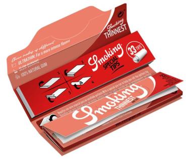 Preview: Smoking Thinnest King Size + Tips – ultradünne Longpapers 108×44 mm mit 33 Blättchen & 33 Filtertips, Slow-Burn & pflanzliche Gummierung