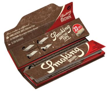 Preview: Smoking Brown King Size + Tips – ungebleichte Longpapers 108×44 mm mit 33 Blättchen & 33 Filtertips, Slow-Burn & FSC-Papier