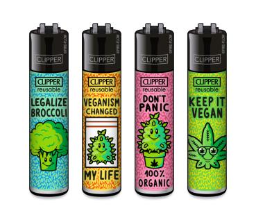 Clipper CLASSIC Large – Vegan 4er Set mit „Legalize Broccoli“, „Veganism changed my life“, „Don’t panic – 100% organic“ und „Keep it vegan“; nachfüllbar, Softflame, Stopfhilfe.