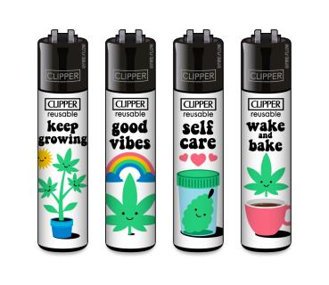 Clipper CLASSIC Large – Cute Weed 4er Set mit Motiven Keep Growing, Good Vibes, Self Care und Wake & Bake; nachfüllbar, Softflame, Stopfhilfe.