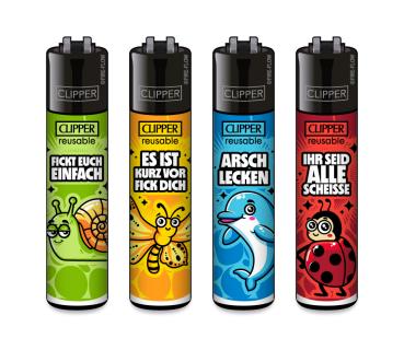 Clipper CLASSIC Large – „Freche Tiere“ 4er Set mit Schnecke, Falter, Delfin und Marienkäfer; derbe Slogans, nachfüllbar, Softflame, Stopfhilfe.