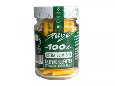 PURIZE XTRA Slim 100er Glas Gelb – Aktivkohlefilter Ø 5,9 mm × 27 mm mit beidseitigen Keramikkappen, Made in Germany