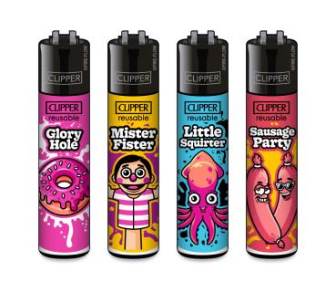 Clipper CLASSIC Large – Porn Slogan #6 4er Set mit Glory Hole, Mister Fister, Little Squirter und Sausage Party; nachfüllbar, Softflame, Stopfhilfe.
