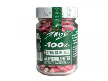 PURIZE XTRA Slim 100er Glas Pink – Aktivkohlefilter Ø 5,9 mm × 27 mm mit beidseitigen Keramikkappen, Made in Germany