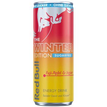 Red Bull Winter Edition 2025 Sugarfree 0,25-l-Einwegdose mit Fuji-Apfel-&-Ingwer-Geschmack – zuckerfrei, 80 mg Koffein pro Dose, ideal gut gekühlt.