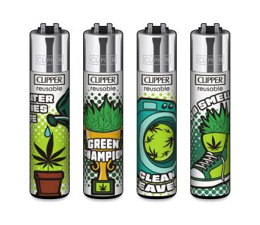 Clipper CLASSIC Large – Weed Status 4er Set mit Motiven Water Saves Life, Green Champion, Clean Leaves und Good Smell; nachfüllbar, Softflame, Stopfhilfe.