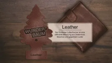 Preview: Wunderbaum Echtleder Original Duftbaum zum Aufhängen mit Lederduft sowie Zedernholz- und Moschusnote - Beschreibung