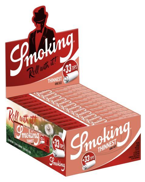 Smoking Thinnest King Size + Tips – ultradünne Longpapers 108×44 mm mit 33 Blättchen & 33 Filtertips, Slow-Burn & pflanzliche Gummierung