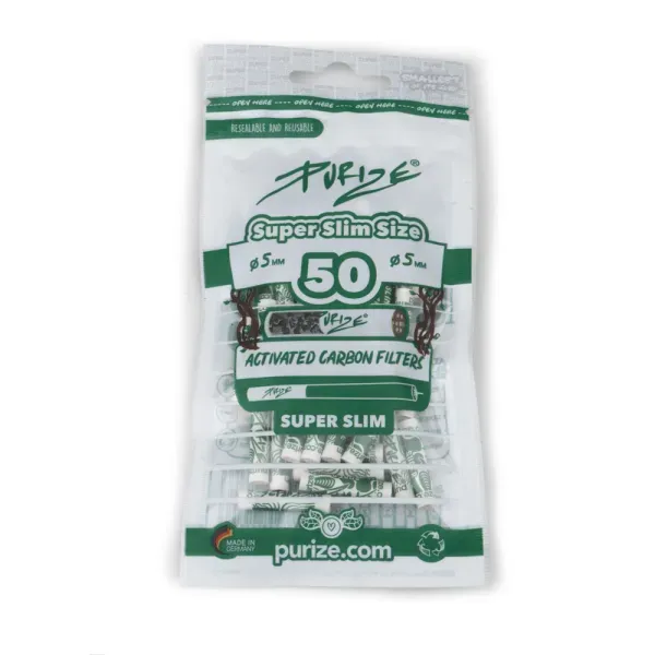 PURIZE Super Slim 5 mm – 50 weiße Aktivkohlefilter im Beutel mit beidseitigen Keramikkappen und Kokos-Aktivkohle (Made in Germany)