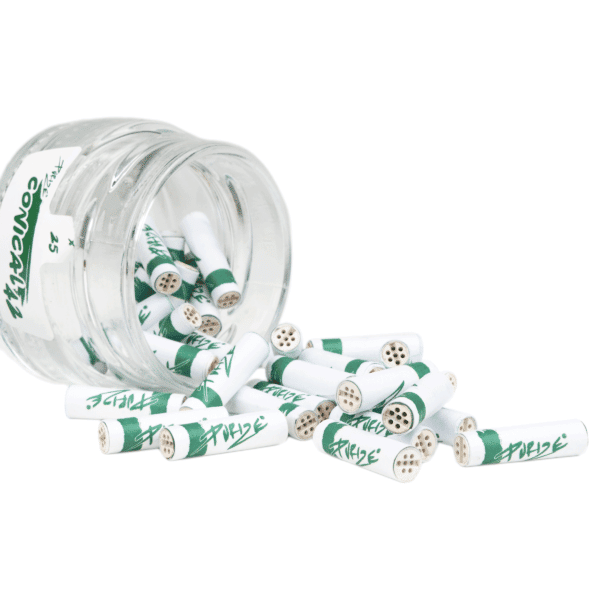 PURIZE Conical XTRA Slim – 42 konische Aktivkohlefilter im Glas, Ø 5–6 mm × 25 mm, beidseitige Keramikkappen, Made in Germany