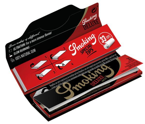 Smoking Deluxe King Size + Tips – Longpapers 108×44 mm, ultradünn ca. 13 g/m², 33 Blättchen + 33 Filtertips, Slow-Burn & FSC-Papier