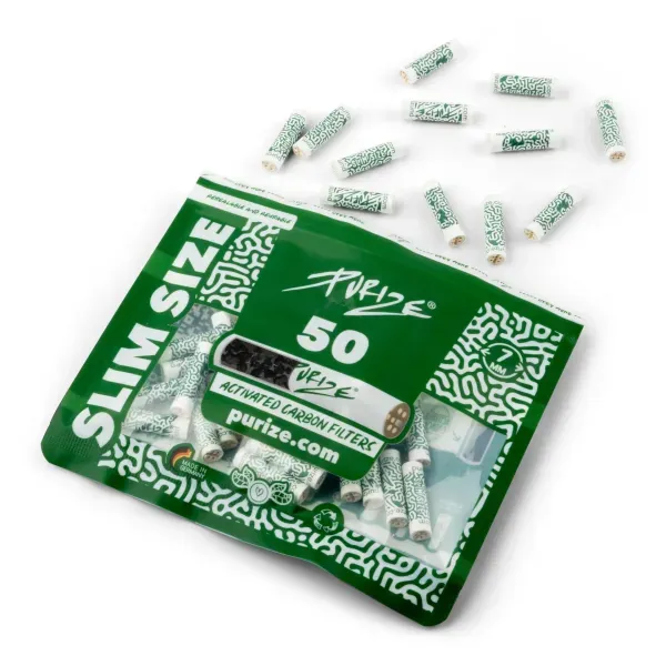 PURIZE Slim Size 7 mm – 50 Aktivkohlefilter im wiederverschließbaren Beutel mit beidseitigen Keramikkappen (Made in Germany)