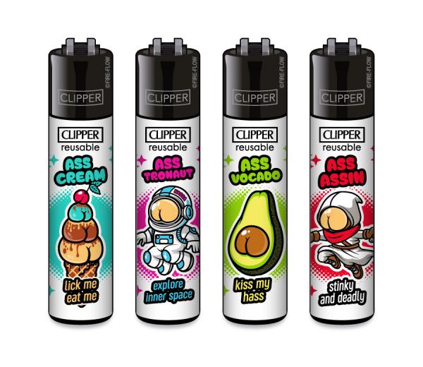 Clipper CLASSIC Large – Ass Collection 4er Set mit den Motiven Ass Cream, Ass Tronaut, Ass Vocado und Ass Assin; nachfüllbar, Softflame, Stopfhilfe.
