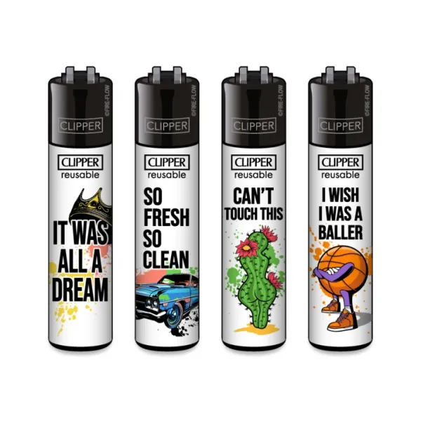 Clipper CLASSIC Large – Hip-Hop Slogan #2 4er Set mit „It was all a dream“, „So fresh so clean“, „Can’t touch this“ und „I wish I was a baller“; nachfüllbar, Softflame, Stopfhilfe.