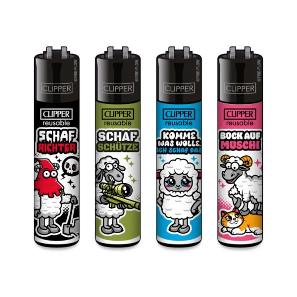Clipper CLASSIC Large – Schafe #2 4er Set mit den Motiven Schafrichter, Schafschütze, „Komme was wolle – ich schaf das“ und „Bock auf Muschi“; nachfüllbar, Softflame, Stopfhilfe.