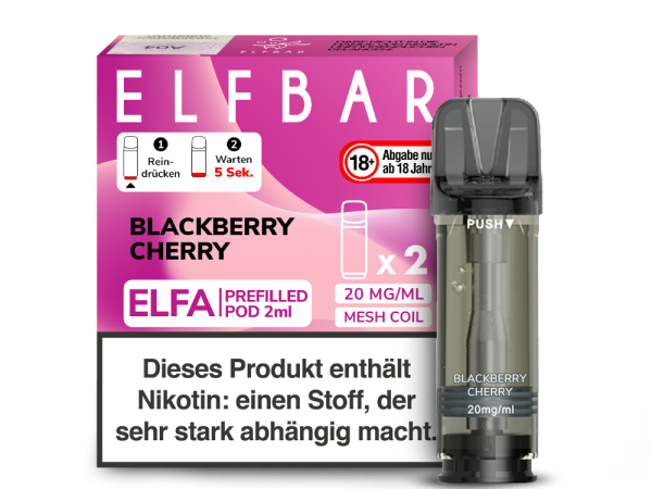 ELFBAR ELFA Pods Blackberry Cherry im 2er Pack mit 2 ml pro Pod und 20 mg/ml Nikotin, fruchtiger Geschmack aus Brombeere und Kirsche.