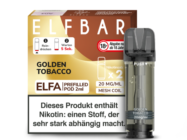 Elfbar ELFA Pods Golden Tobacco – 2×2 ml 20 mg vorgefüllte Pods für ELFA Geräte