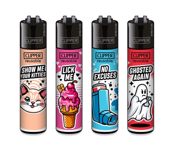 Clipper CLASSIC Large – Mix Slogan #12 4er Set mit Motiven Show me your kitties, Lick me, No excuses und Ghosted again; nachfüllbar, Softflame, Stopfhilfe.