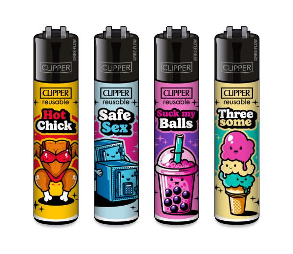 Clipper CLASSIC Large – Porn Slogan #7 4er Set mit Hot Chick, Safe Sex, Suck my Balls und Threesome; nachfüllbar, Softflame, Stopfhilfe.