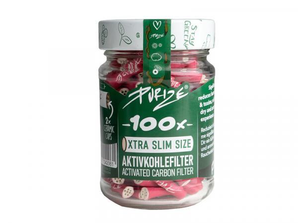 PURIZE XTRA Slim 100er Glas Pink – Aktivkohlefilter Ø 5,9 mm × 27 mm mit beidseitigen Keramikkappen, Made in Germany