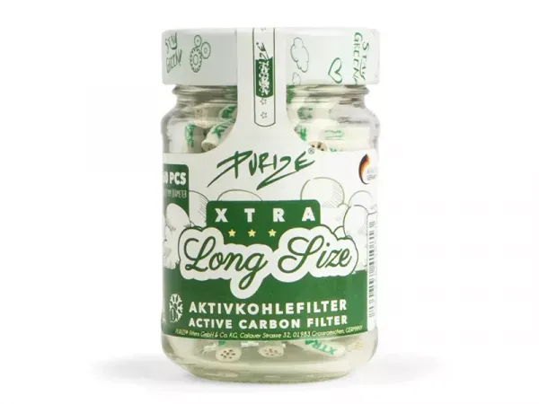 PURIZE Xtra Long 6 mm – 60 weiße Aktivkohlefilter im Glas mit Keramikkappen und Kokos-Aktivkohle