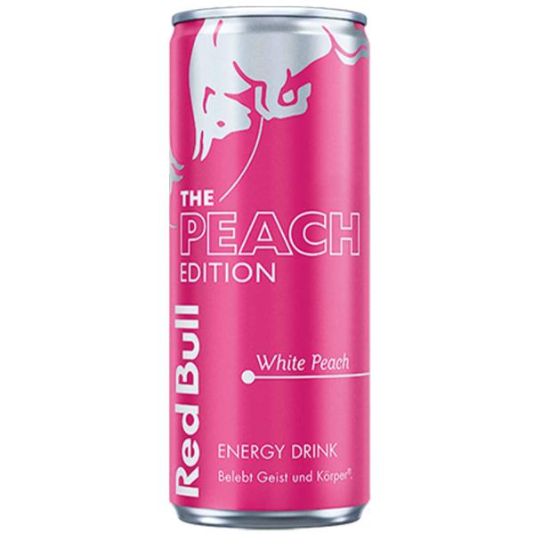 Red Bull Peach Edition White Peach 0,25-l-Dose – fruchtige Red-Bull-Edition im handlichen Format, ideal gut gekühlt für unterwegs oder zu Hause.