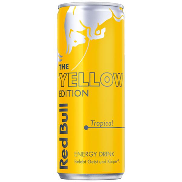 Red Bull Yellow Edition Tropical 0,25-l-Einwegdose – tropische Früchte, 80 mg Koffein und 27 g Zucker pro Dose, zzgl. 0,25 € Dosenpfand.