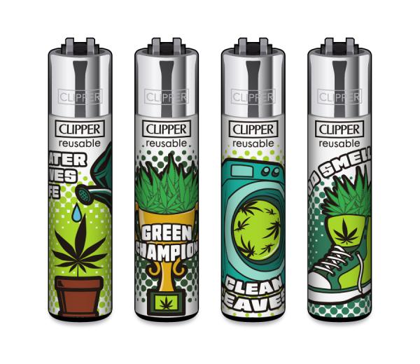 Clipper CLASSIC Large – Weed Status 4er Set mit Motiven Water Saves Life, Green Champion, Clean Leaves und Good Smell; nachfüllbar, Softflame, Stopfhilfe.