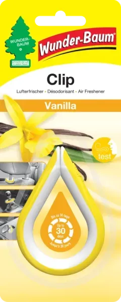 Wunderbaum Clip Vanilla Duftclip zum Anclipsen mit warmem Vanilleduft für Auto und kleine Räume - Mit Verpackung