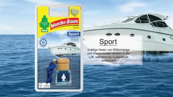 Wunderbaum Duftflakon Sport 4,5 ml Flüssig-Lufterfrischer im Flakon mit sportlich-frischem Duft und Kordelzug zum Aufhängen - Beschreibung