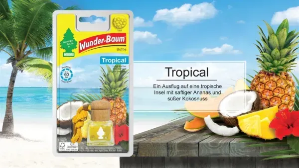 Wunderbaum Duftflakon Tropical 4,5 ml Flüssig-Lufterfrischer im Flakon mit tropisch-fruchtigem Duft und Kordelzug zum Aufhängen - Beschreibung