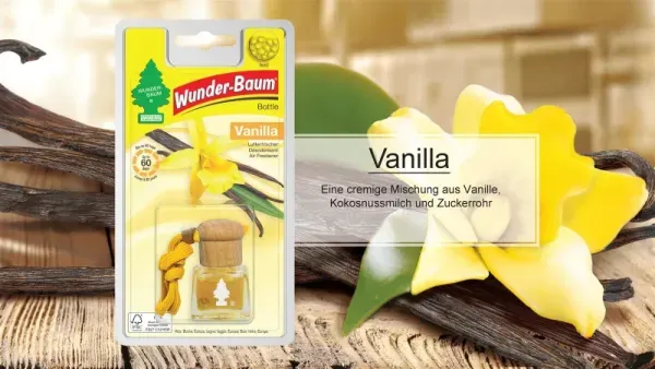 Wunderbaum Duftflakon Vanilla 4,5 ml Flüssig-Lufterfrischer im Flakon mit Vanilleduft, Duftkordel im Deckel und Kordelzug zum Aufhängen - Beschreibung